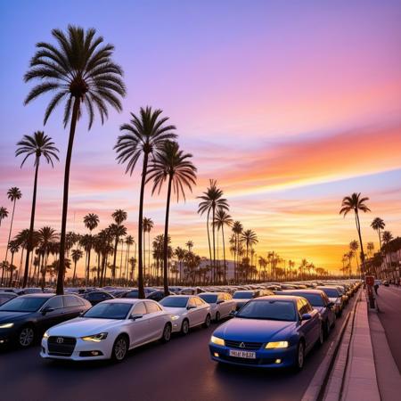 masterpiece, best quality, very aesthetic, absurdres, three-point perspective, side view, ( no human:1.2), Traffic jam of cars seen from the side, palm tree, vivid color, twilight, sunset, starry sky,