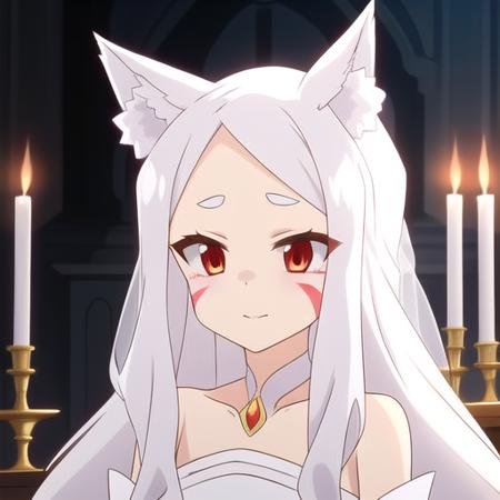 <lora:ShiroNew-000015:0.7>, 1girl, animal ears, white hair, long hair, Shiro, intricate details, facial marking, wedding dress, ribbon, bouquet, joy, altar, fox tail, upper body, <lora:GoodHands-beta2:1>