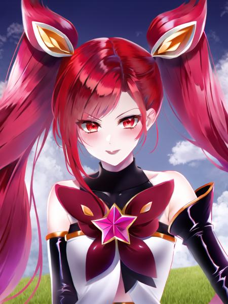 grass, sky, field, star guardian jinx, jinx \(league of legends\), star guardian \(league of legends\), league of legends, red neckwear, highres, 1girl, alternate costume, alternate hair color, alternate hairstyle, bare shoulders, belt, black gloves, black thighhighs, bow, elbow gloves, fingerless gloves, gloves, hair ornament, lipstick, long hair, magical girl, makeup, red bow, red eyes, red hair, red lips, short shorts, shorts, solo, thighhighs, twintails, very long hair, <lora:star_guardian_jinx-000027:1>