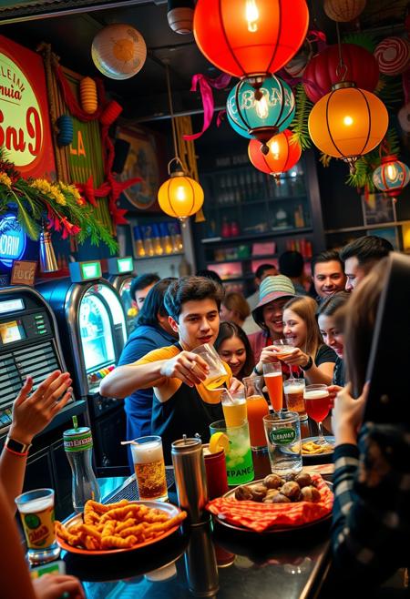 "A fun scene in a bustling bar with a lively atmosphere, colorful decorations and a diverse crowd. A young dark-haired bartender is overwhelmed, juggling several drink orders while spilling some drinks. Customers laugh and chat loudly , with a jukebox. A multitude of tapas and food, in Spain
