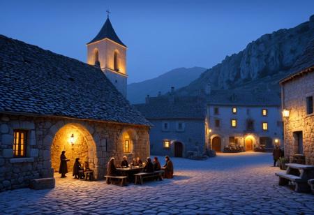 Ultra high-definition 16k resolution image captures a village square dominated by an ancient stone institution, 
its weathered facade glowing in the remnants of day's light, 
surrounded by whimsical characters in turtlenecks, 
a scene reminiscent of a vintage movie still, 
village square, 
ancient stone institution, 
turtleneck characters, 
classic movie scene, 
ultra high definition, 
photorealistic textures, 
dramatic lighting, 
cinematic composition