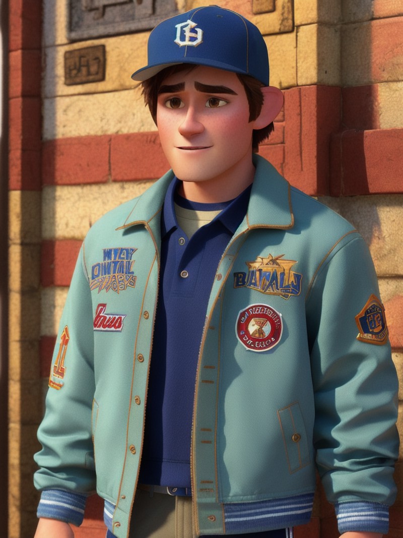 pixarstyle a waist-length portrait of a school bully, jacket, baseball cap, natural skin texture, 4k textures, hdr, intric...