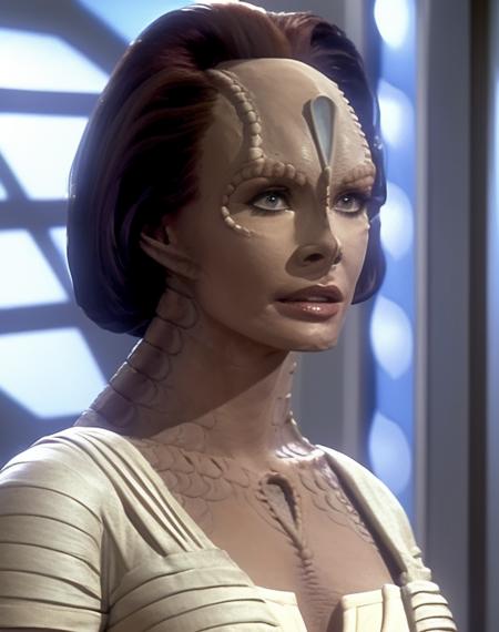 cardassian, female, natima, grey skin, reptile scales on sides of neck, long updo hair, wearing low-cut cream colored dress, mary crosby, highly detailed face, perfecteyes eyes, 8k, photograph, film still, 35mm photo, Canon F-1, film grain, <lora:cardassian_lora:0.8>, <lyco:locon_perfecteyes_v1_from_v1_64_32:0.4>