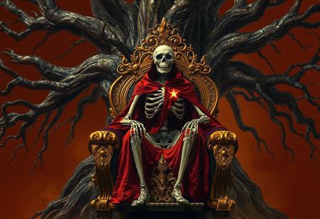 A majestic Ghostrick Skeleton sits regally upon an ornate golden throne, its crimson robe adorned with a single gleaming star. The technologically-enhanced chair features intricate baroque carvings that glow with arcane energy, casting ethereal reflections across the skeletal figure. Behind this imposing ruler stretches an ancient, gnarled tree whose roots and branches form a cathedral-like canopy, creating dramatic negative space against the rich umber background.