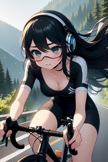 riding a uphill road bike  hands on handlebar steep slope headphones strong wind slender figure