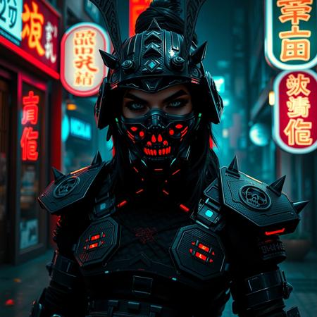  A photorealistic full-body vertical portrait of a fierce goth vampire samurai girl with pale skin and sharp, aggressive features, set in a dystopian Neo-Tokyo inspired by Blade Runner. She has intense goth makeup with heavy black eyeliner and dark eyeshadow, and a cold, defiant gaze. Her mengu mask is gothic and futuristic, with skull motifs, spiked edges, and glowing engravings in neon red and electric blue. Her samurai armor blends tribal and cyberpunk influences: black carbon fiber plates, crimson LED accents, turquoise circuitry, and angular, tech-enhanced design elements. She stands confidently in a rain-slick neon-lit alley, surrounded by holograms, mist, and glowing kanji signage. The atmosphere is dark, cinematic, grainy like 16mm film, and full of cyberpunk tension. No text or letters appear in the image.   The atmosphere is moody and cinematic, with soft bokeh, dramatic lighting, and a grainy 16mm film look. Highly detailed, rich in emo and goth influence, with no text or letters in the image.

Simulating Kodak Ektacolor Pro 160, with a custom white balance at 5500K. cinematic lighting, analog film, film grain, kodak chrome, cool cinematic tones,high contrast, sharp details, with moody lighting that adds depth,. (cinematic atmosphere:1.3), deep photo, depth of field, (black hair)), , (ambient occlusion), (cinematic lighting:1.3), (4K image quality:1.3), (sharp detail:1.3), (highly realistic:1.3), (dim warm cinematic lighting:1.3)
