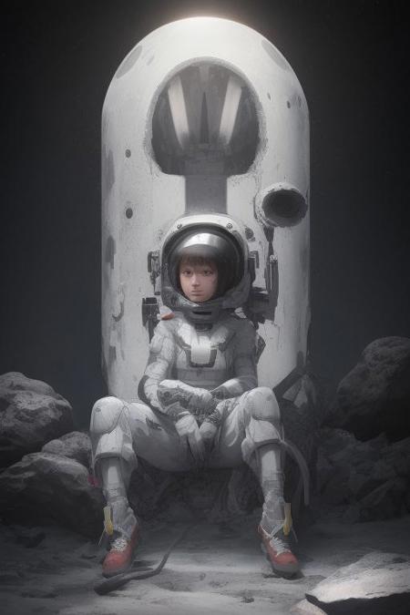 itacomic1 illustration of a woman wearing a futuristic yet retro spacesuit sitting inside a retro chrome spacecraft, confidently pilotingthrough asteroids <lora:itacomic_mima3_fl_d4a2:1.0><lora:800884046617022707:0>