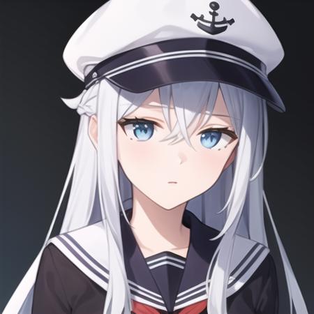 (masterpiece, best quality1.2),illustration,8k,hd,1girls,solo,upper body,(portrait:1.2),long_hair,blue_eyes,hair_between_eyes,grey_hair,hat,white_hair,anchor_symbol,black_headwear,black_sailor_collar,black_skirt,flat_cap,long_sleeves,neckerchief,pleated_skirt,red_neckerchief,sailor_collar,white_school_uniform,skirt,black_thighhighs,<lora:Hibiki:0.8>,