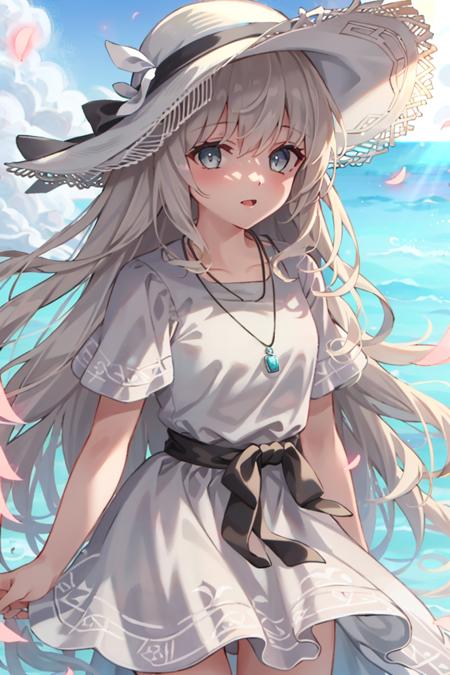 <lora:EnderLily:1>, enderLily, 1girl, solo, shine, light, white dress, necklace, white hair, sun hat, adjusting hat, masterpiece, best quality,