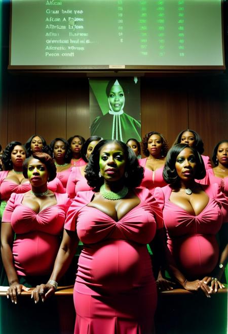 ()Hyoer Realistic:2.0)Polaroid picture of 
a hyper realistic Movie Still of (80 years old ((busty:1.3)) (((african american))) women) 
 of a group of stern, suited College Board of Trustees (Standing exposing large breasts ),  (Pregnant:1.4)their (possessed glowing eyes:1.70) glazing over as they fall under the hypnotic spell of a circle of Alpha Kappa Alpha Sorority Sisters.
The  (90 year old busty african american sorority sisters standing in front of the Board, resplendent in their pink and green attire:1.85) , gaze intensely at the trustees, their hands weaving intricate patterns in the air as they chant in unison.( The trustees' faces slacken, their pupils dilating as they succumb to the sisters' mesmerizing power:1.65)
(In the background, a giant budget spreadsheet displays a rapidly increasing total, the numbers spinning wildly out of control as the trustees, now completely entranced, nod in unison to allocate infinite funds to the Greek Life budget.:2.00) (Capture the surreal, mind control::2.80)