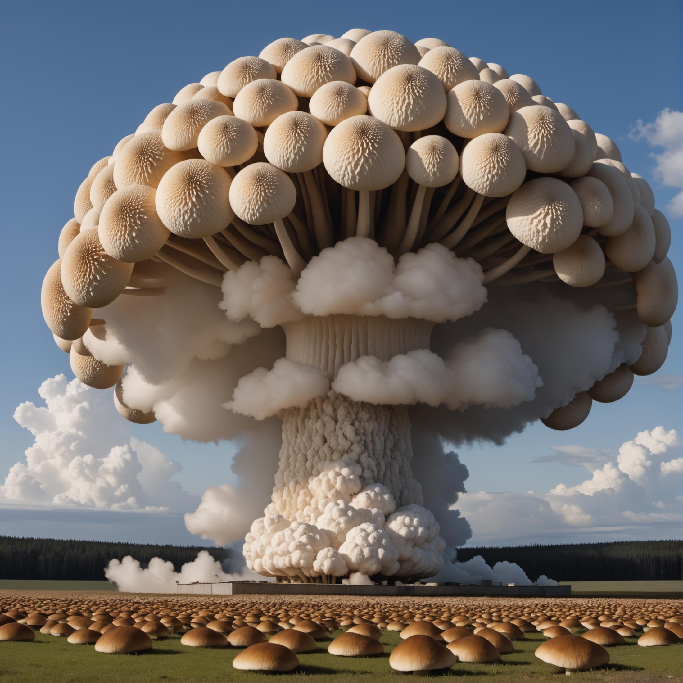 A Mushroom Cloud Explosion Rising from the Ground with Mushrooms Around It