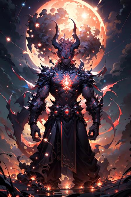 a demonic demon standing in front of a full moon with a red light on his face and a red light on his head,fire,aurora,burning,embers,glowing,cloud,glowing eyes,campfire,crescent moon,male focus,constellation,cloudy sky,light particles,flame,solo,night sky,diffraction spikes,dusk,full moon,sky,galaxy,space,sparkle,star \(sky\),molten rock,starry sky,moon,moonlight,gradient sky,night,lens flare,red moon,orange sky,outdoors,red sky,sunset,milky way,sun,planet,shooting star,purple sky,starry background,twilight,1man,
<lora:deamonXP_v1.1-000015:0.8>,, ((best quality)),((masterpiece)),((highres)),((detailed)), original, extremely detailed 8K wallpaper,intricate details, hyperdetailed, hyper quality, high detail, ultra detailed,perfect lighting,, anime,comic,game CG,