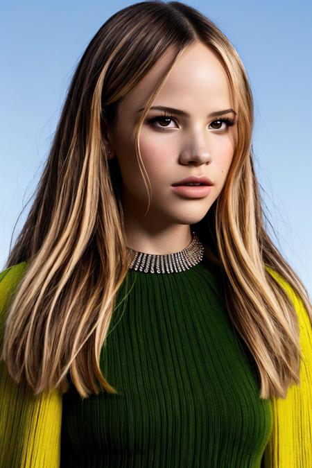 pop surrealistic, dreamlike, pop culture elements, vibrant, detailed <lora:HalstonSage_v1:1> HalstonSage, focus on eyes, close up on face, wearing jewelry, hair styled Straight and Sleek