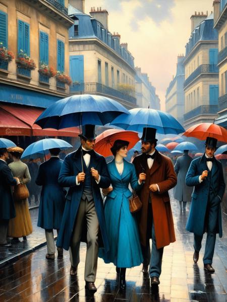 <lora:07RomanticismArt_Hap_XL:1>, romanticism oil painting,   crowd, umbrellas, women, men, street scene, rain, blue, romanticism oil painting,  social gathering, outdoor, fashion, 19th century, Parisian, detailed, vibrant colors, artistic, lively, French,