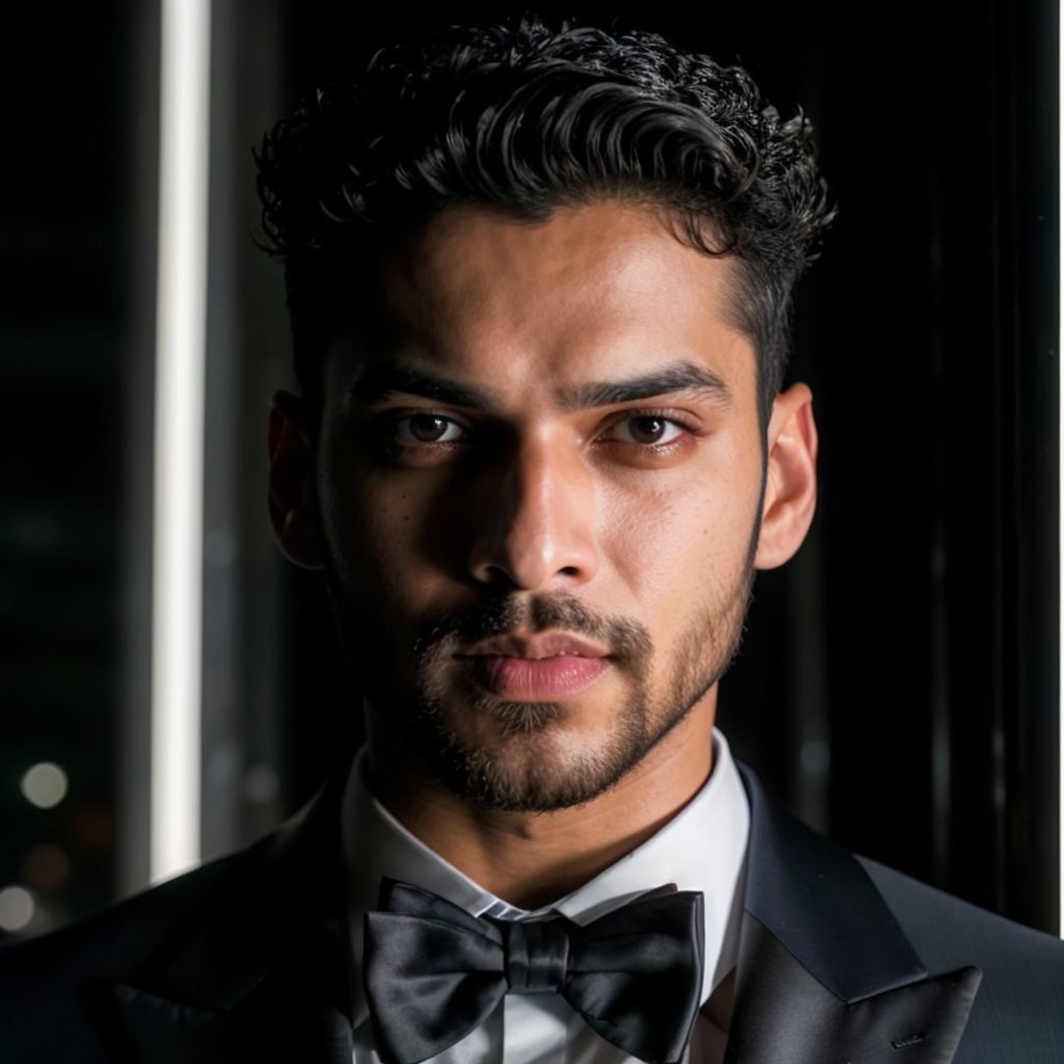 face portrait of rohitsingh person using a tuxedo, in blade runner, professional photography, high resolution, 4k, detaile...