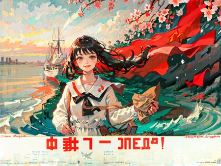 outdoors, (sea:1.2),(waves:1.05), (white ship:1.1), sakura_pedal, dawn, sunlight, upper body, 1girl,solo,black_eyes, white_dress, smile,soviet,CCCPposter, <lora:sovietPioneers_sopiV10:0.5>, <lora:CCCPposter_v1.0_locon_Adam8bits:0.5>