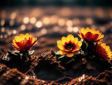 <lora:dooli_yiu_v10:0.7>, a bunch of flowers that are in the (earth, mud:1.3),
fade, slate gray, orange color lookup, (teal and orange:0.7),  cinematic colors, vignette, lowkey, glowing, dark depth of field