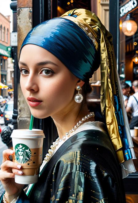 view from side,(masterpiece), (best quality),(((Johannes Vermeer painting Girl with a Pearl Earring))), wearing black headphone, holding 1 Starbucks latte,city street, with a cool expression,cyberpunk style <lora:add-detail-xl:1> <lora:xl_more_art-full_v1:0.4>