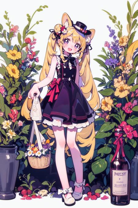 masterpiece, best quality, extremely detailed, detailed background, detailed face, 1girl, dress, solo, virtual youtuber, purple eyes, purple dress, basket, white background, flower, hat, white footwear, holding basket, bow, full body, animal ears, purple bow, looking at viewer, bangs, simple background, blush, holding, hair ornament, blonde hair, open mouth, long hair, smile, red flower, sample watermark, very long hair, sleeveless, hair bun, arms behind back, high heels, head tilt, ribbon, standing, twintails, hair flower