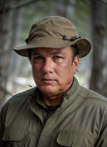 portrait of ss1,  man in Sea explorer: Khaki safari shirt, cargo pants, pith helmet, hiking boots, compass epic (photo, studio lighting, hard light, sony a7, 50 mm, matte skin, pores, colors, hyperdetailed, hyperrealistic),  <lora:StevenSeagal:1>