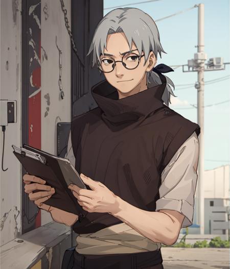 Yakushi kabuto, 1 boy, solo, black round glasses, empty black eyes, expressionless, holding a clipboard, hospital