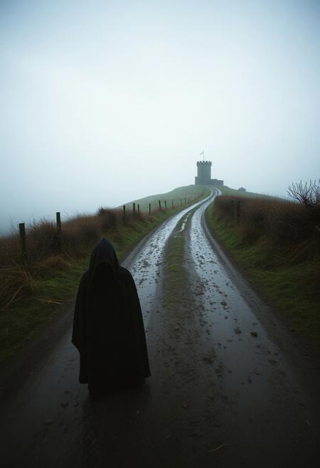 top down view wide angle, horror atmospheric, real photo medium format film photo portra 400, lone cloaked figure blocking the path menacingly, full wet muddy path leading to a fork in the road to way in the distance a medieval fantasy watch tower lighthouse on the hill , the time period is the 1400's