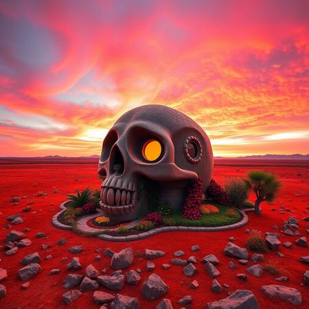 wide angle landscape image of an intricately designed, gothic-inspired house shaped like a human skull, with a grand, ornate entrance in its mouth and two circular windows resembling eyes, stands alone in a crimson-hued plain littered with jagged rocks. a neat garden surrounds the house, adorned with vibrant, curly vines and exotic flowers, as the sky above is set aflame by a vivid, pink-orange-purple sunset, casting a warm, golden glow over the entire scene