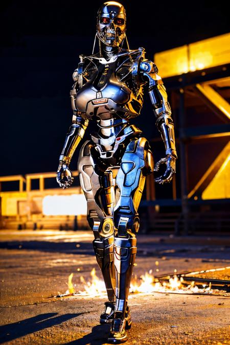 explosions in the background, night sky, full body shot (Realisitc:1.5) woman terminator, big breasts, <lora:EdobTerminatorFemale_v1.0:0.8>  <lora:BunAlenRave_v1.0:0.6>