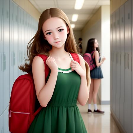 A teenage girl wearing a sundress making the LOSER L shape with her hand on her forehead, high school hallway, lockers, students, backpacks, books,  popularity contest, mean girls