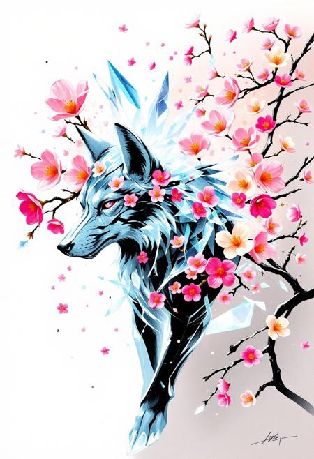 bmstyle anime, A wolf made of translucent, crystallized material shatters outward, with shards transforming into a burst of vibrant Sakura flowers. The flowers are varied in color and species, blooming mid-air as if born from the explosion. Soft light refracts through the crystal fragments, creating a surreal, dreamlike atmosphere.
 <lora:FLUX-daubrez-DB4RZ-v2:0.35> DB4RZ, DB4RZ style painting <lora:illustration004:0.8> illustration004 chaotic expressive line-art scribbled and erratic strokes monochromatic black ink <lora:Scribble Portrait Drawing:0.35> Drawing <lora:aidmaMJ6.1_v0.5_3:0.35> aidmamj6.1, aidmamj6, mystcorbCE_style