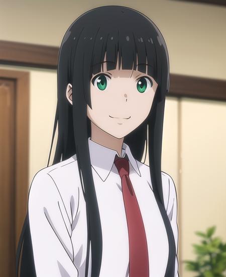 kowata makoto,(anime art:1.1),1girl, solo, long hair, black hair, green eyes,red necktie, shirt, bangs, blunt bangs, white shirt, red necktie, smile, hime cut, upper body, shaded face