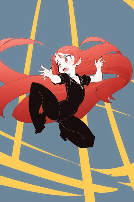 1girl, red hair, long hair, from below,  jumping, dynamic pose, 
<lora:ThePinkPirate-22:1>, flat color, wide-eyed,