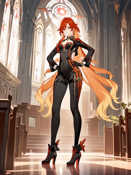 mavuika \(genshin impact\) earrings, black bikesuit, black gloves, high heel boots, shrug \(clothing\), metal collar