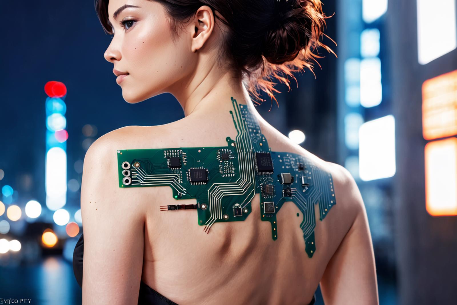 A woman with a tattoo of a circuit board on her back.
