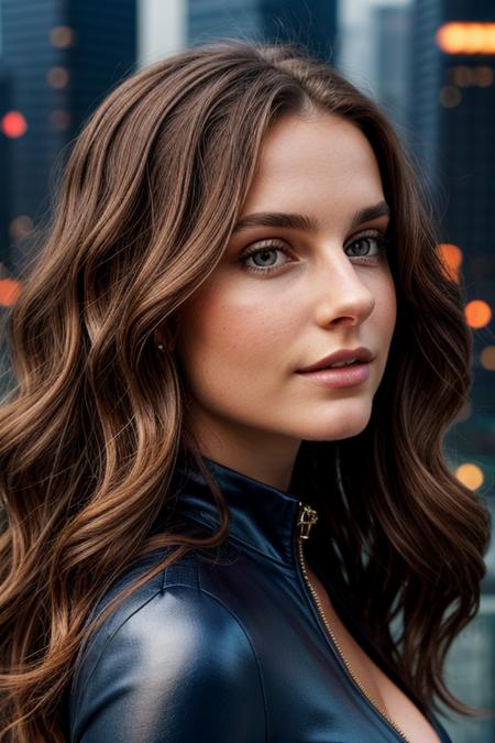 close up Portrait of a sensual woman with wavy brown hair in a futuristic cityposing for a professional picture<lora:add_detail:1.0>