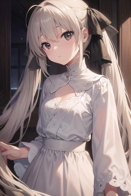 sora kasugano, ahoge, (black eyes:1.5), hair between eyes, hair ribbon, long hair, twintails, black ribbon, white hair, dress, long sleeves, white dress, long skirt,  black footwear, black pantyhose, grey ribbon, grey skirt, loafers, long sleeves, miniskirt, pantyhose, pleated skirt, sailor collar, school uniform, serafuku, shoes, skirt, white sailor collar, white serafuku,