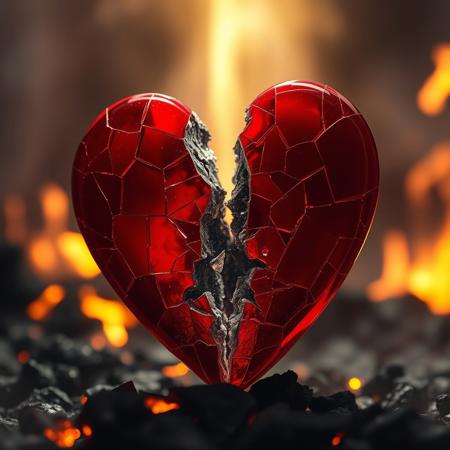 Close-up shot of a red shattered glass heart, bisected along its central axis, revealing a dark, ominous core. Soft, golden light pours down from above, bathing the scene in a warm, ethereal glow. The surrounding environment is a blurred haze of black lava and flames and ash, adding depth and mystery to the composition. The level of detail is meticulous, with each shard of glass and every texture rendered in high definition.