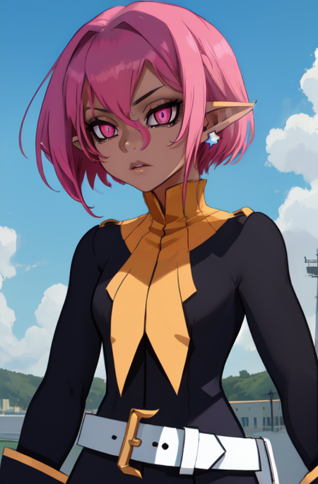 Psychic, short lavender hair , pink eyes,pointy ears ,  
standing, upper body,
white gloves, earrings, white belt , black uniform with long sleeves ,
stars, military base, night, outdoors, 
(insanely detailed, beautiful detailed face,beautiful detailed eyes, masterpiece, best quality) 
 <lora:Psychic-10v6:0.8>