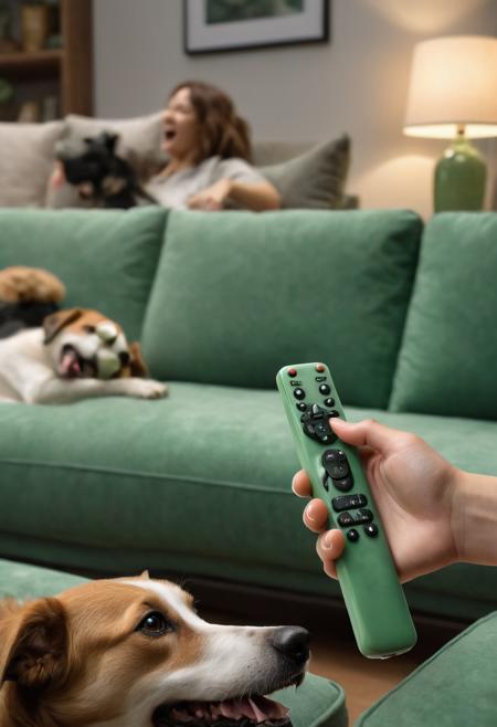 A green jade remote control that keeps slipping off the couch because it's too smooth, a frustrated person reaching for it as their dog looks on amused, cozy living room lighting, ultra-detailed, photorealistic, 4K resolution
 <lora:Obsidian_Jade_Style:0.8>