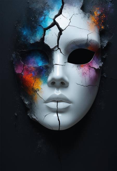 A surreal and evocative image depicting a flawless porcelain mask subtly cracking and fracturing, revealing glimpses of vibrant, swirling colors beneath. The lighting is soft and diffused, highlighting the delicate balance between fragility and hidden vibrancy. The background is a deep, velvety black, emphasizing the stark contrast and sense of mystery. Photorealistic, cinematic lighting, 8k resolution, octane render, volumetric light, inspired by the works of Renï¿½ Magritte and Salvador Dalï¿½, surrealism, beauty, detail, dramatic composition, sense of mystery.