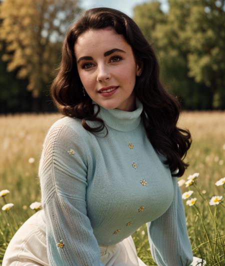 el1ty, nature, outdoor, Flowery meadow, Ultra-HD-details, breast, detailed eyes, smile, (close portrait photo), Against the light, seductive pose, Turtleneck