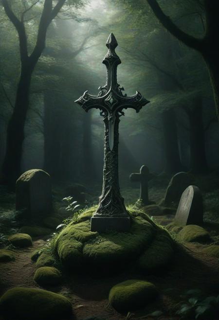 A detailed image of an enchanted medieval fantasy sword thrust into a large, clean boulder that serves as a gravestone. The sword is vertical, resembling a cross, with the blade driven in slightly more than halfway. The sword appears ancient, with a slightly glowing blade and intricate details on the hilt. The boulder is clean and solid, not covered in moss, and the grave is relatively new. The scene is somber and mystical, set in a quiet, slightly overgrown graveyard.