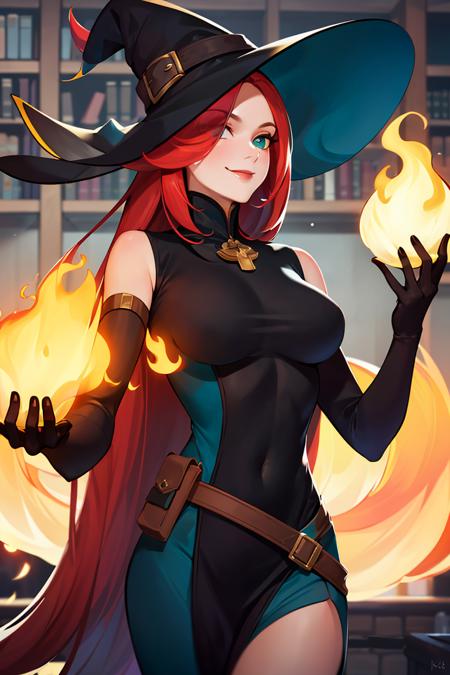 Mirael_AFK long red hair, black glove, fire