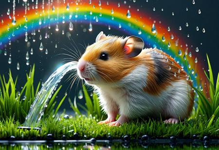 lazypos, highly detailed and hyper realistic, play of light, reflection, refraction, Raytracing, nice cute hamster is watering the grass with a hose, the hose is directed up, rainbow on the water drops, vibrant colors, tearStyle2