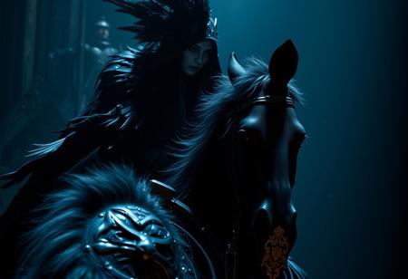 A close-up of a person on a horse, necromancer sorceress, lord of change, gradient shading, with a black and blue scheme. Consider a feathered mouse cavalry, heroengine, dark enclosed environment. The scene features a dark artslab coat, metallic shield, and the Amber Pitfall. Create a digital art piece using the Unreal Engine. Apply a cinematic lighting, with the heroengine. Use a face enhance, and a golden ratio for composition. Ensure the image has a resolution of H 704.