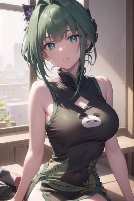 juntao, <lora:juntao-lora-nochekaiser:1>,
jun tao, (green eyes:1.5), green hair, hair between eyes,
BREAK animal print, bear print, black dress, china dress, chinese clothes, dress, air, hip vent, panda print, side slit, sleeveless, sleeveless dress, thigh strap,
BREAK looking at viewer, full body,
BREAK indoors, classroom,
BREAK <lyco:GoodHands-beta2:1>, (masterpiece:1.2), best quality, high resolution, unity 8k wallpaper, (illustration:0.8), (beautiful detailed eyes:1.6), extremely detailed face, perfect lighting, extremely detailed CG, (perfect hands, perfect anatomy),