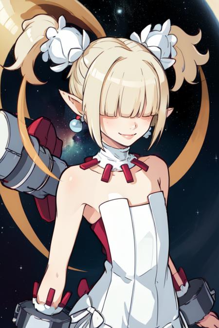 Clergy,flat chest ,pointy ears, short twintails ,hair over eyes ,blonde hair, jewelry.
bare shoulders ,cuffs ,white strapless dress ,shackles,  smile,  
 standing, upper body ,
outer space, milky way, 
(insanely detailed, beautiful detailed face, masterpiece, best quality)
 <lora:Clergy-10v5:0.7>