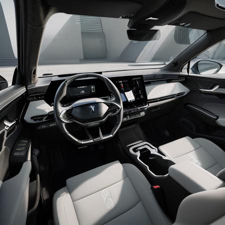 1 car interior,driver view,year 2025, in the style of chen zhen, light gray and light black, ethereal lighting, bold character designs, clean lines, pure forms,peugeot style