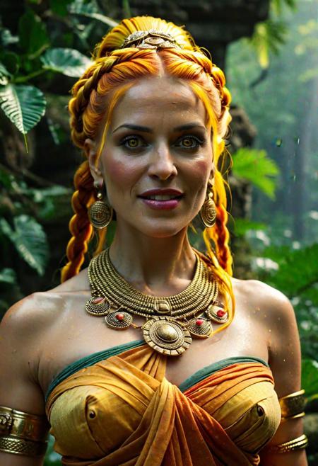 style: photorealistic, 
highly detailed, 
high resolution, 
a malicious amazon woman wearing an antique long roman toga with golden applications, 
(in her late 40s:3),
(plump:3), 
evil and dismissive smiling, 
glowing yellow dragon eyes, 
extravagant colored hair with long braids, 
strong wrinkles, 
stretch marks, 
cellulite,
(looking at camera:3)
standing proudly in a large rain forest with ruines of ancient greek buidlings, 
the scenerie is full of very warm light and colors
<lora:WildcardX-XL-Detail-Enhancer:1.5>