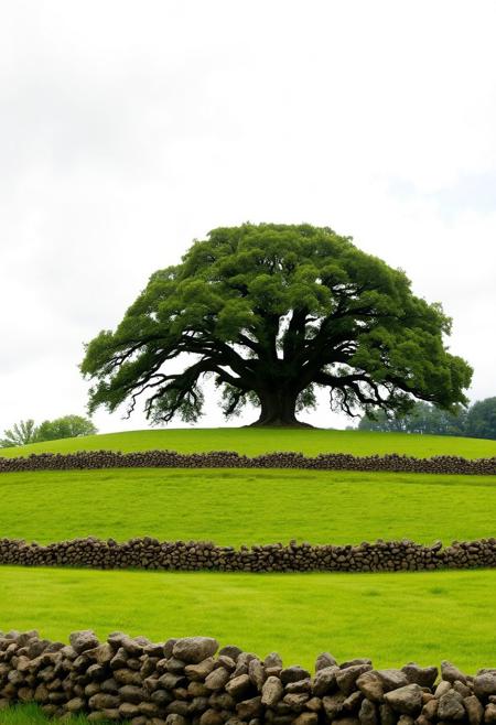 score_9, score_8_up, score_7_up, Photo Quality, there is a lush green field surrounded by a stone wall.  There is a humongous old oak tree In the middle of the field on the top of a hill